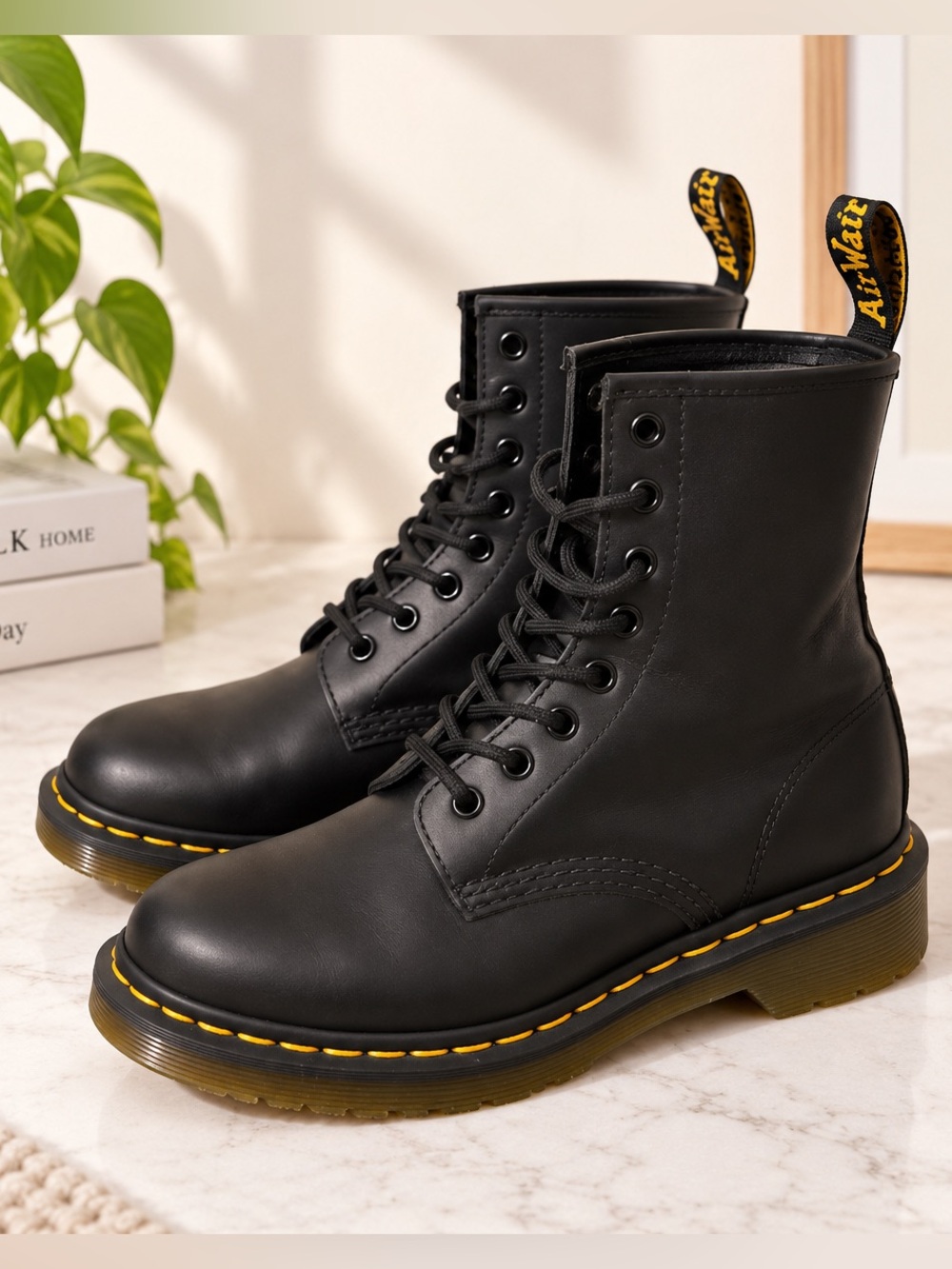 Dr. Martens Black Leather Lace-Up Combat Boots with Yellow Stitching